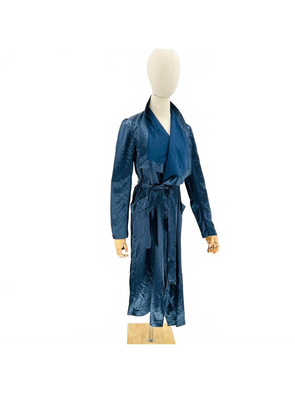 Marciano Navy Satin Shawl Collar Belted Duster Coat
